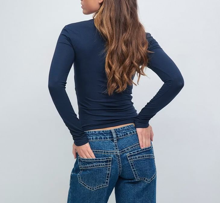 Long Sleeve V-Neck Lace-Trim Plain Slim-Fit Crop Top