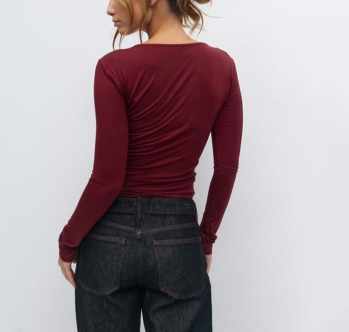 Long Sleeve V-Neck Lace-Trim Plain Slim-Fit Crop Top