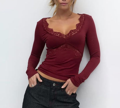 Long Sleeve V-Neck Lace-Trim Plain Slim-Fit Crop Top