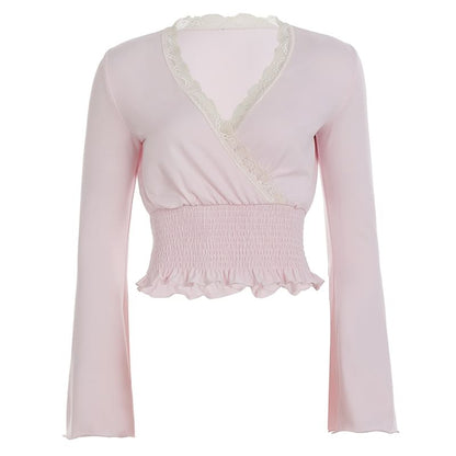 Long Sleeve V-Neck Lace-Trim Ruffled-Trim Crop Top