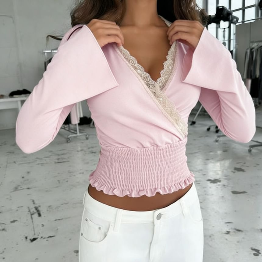 Long Sleeve V-Neck Lace-Trim Ruffled-Trim Crop Top