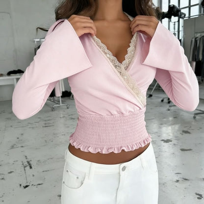 Long Sleeve V-Neck Lace-Trim Ruffled-Trim Crop Top
