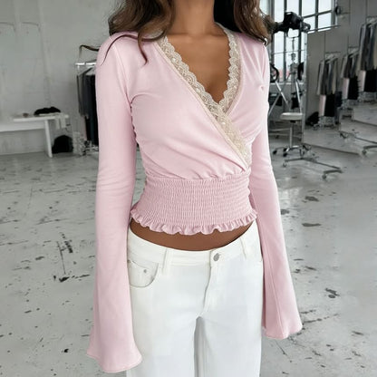 Long Sleeve V-Neck Lace-Trim Ruffled-Trim Crop Top