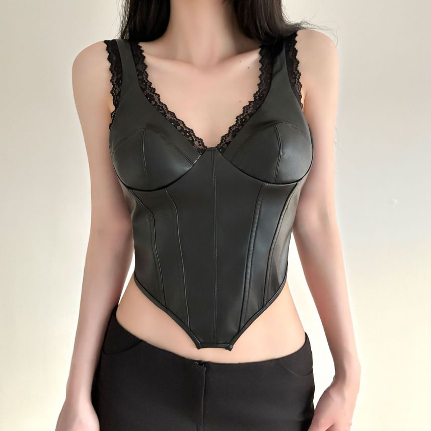V-Neck Lace Trim Faux Leather Corset Tank Top