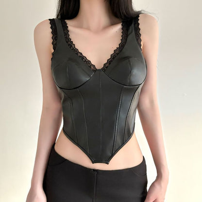 V-Neck Lace Trim Faux Leather Corset Tank Top