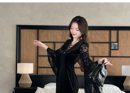 Flare-Sleeve V-Neck Lace Maxi Sheath Dress
