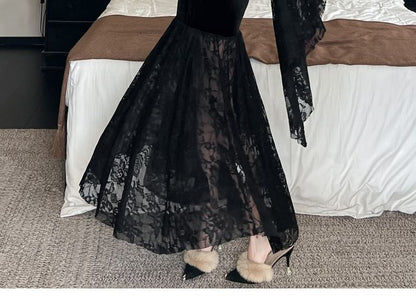 Flare-Sleeve V-Neck Lace Maxi Sheath Dress