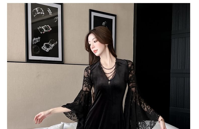 Flare-Sleeve V-Neck Lace Maxi Sheath Dress