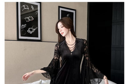 Flare-Sleeve V-Neck Lace Maxi Sheath Dress