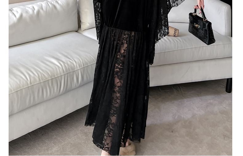 Flare-Sleeve V-Neck Lace Maxi Sheath Dress