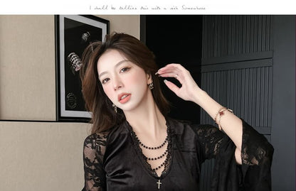 Flare-Sleeve V-Neck Lace Maxi Sheath Dress