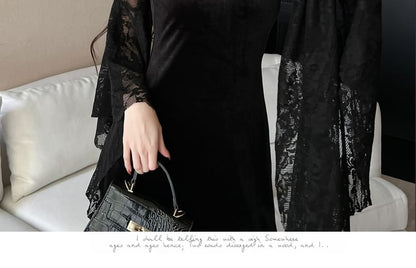 Flare-Sleeve V-Neck Lace Maxi Sheath Dress