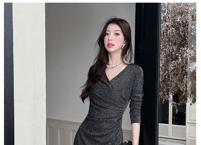 Long-Sleeve V-Neck Plain Maxi Sheath Dress