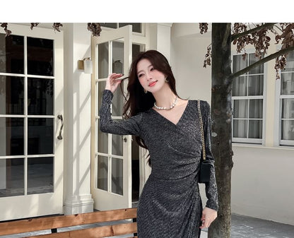 Long-Sleeve V-Neck Plain Maxi Sheath Dress