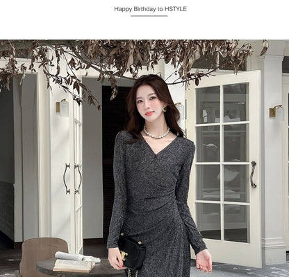 Long-Sleeve V-Neck Plain Maxi Sheath Dress