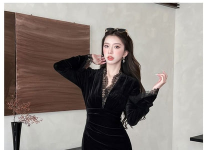 Flare-Sleeve V-Neck Velvet Maxi Sheath Dress