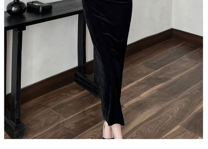 Flare-Sleeve V-Neck Velvet Maxi Sheath Dress