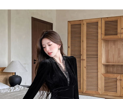 Flare-Sleeve V-Neck Velvet Maxi Sheath Dress