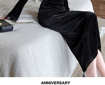 Flare-Sleeve V-Neck Velvet Maxi Sheath Dress