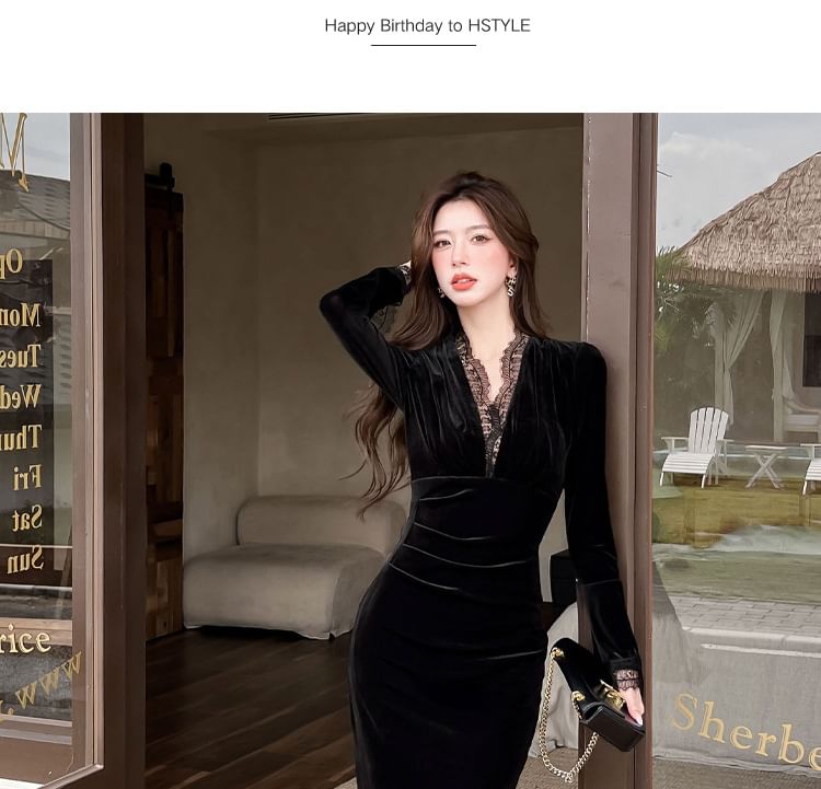 Flare-Sleeve V-Neck Velvet Maxi Sheath Dress