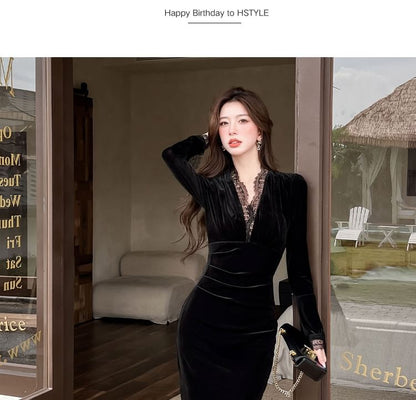 Flare-Sleeve V-Neck Velvet Maxi Sheath Dress