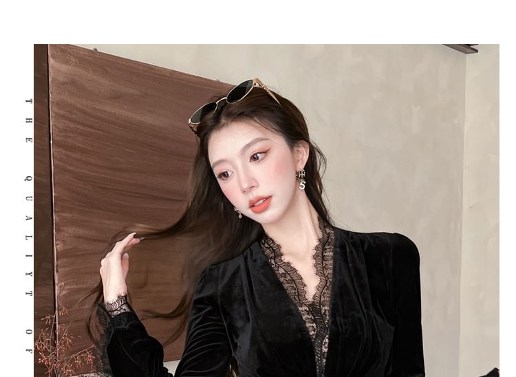 Flare-Sleeve V-Neck Velvet Maxi Sheath Dress