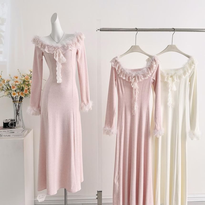 Long-Sleeve Off Shoulder Ruffle Plain Maxi A-Line Dress