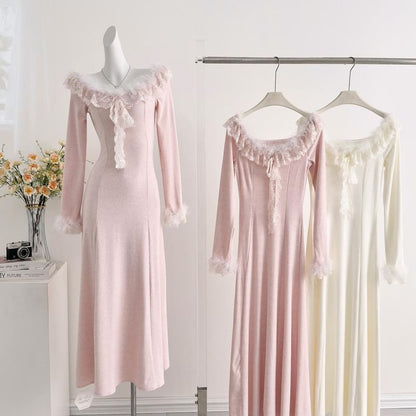 Long-Sleeve Off Shoulder Ruffle Plain Maxi A-Line Dress