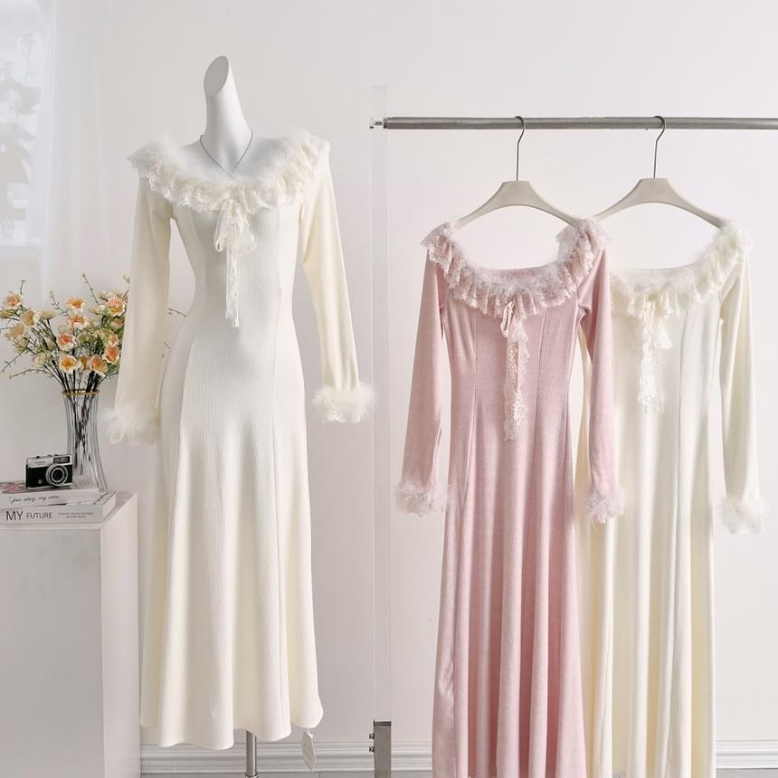 Long-Sleeve Off Shoulder Ruffle Plain Maxi A-Line Dress