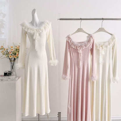 Long-Sleeve Off Shoulder Ruffle Plain Maxi A-Line Dress
