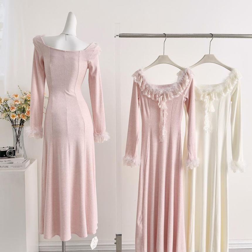 Long-Sleeve Off Shoulder Ruffle Plain Maxi A-Line Dress