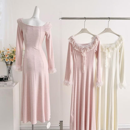 Long-Sleeve Off Shoulder Ruffle Plain Maxi A-Line Dress