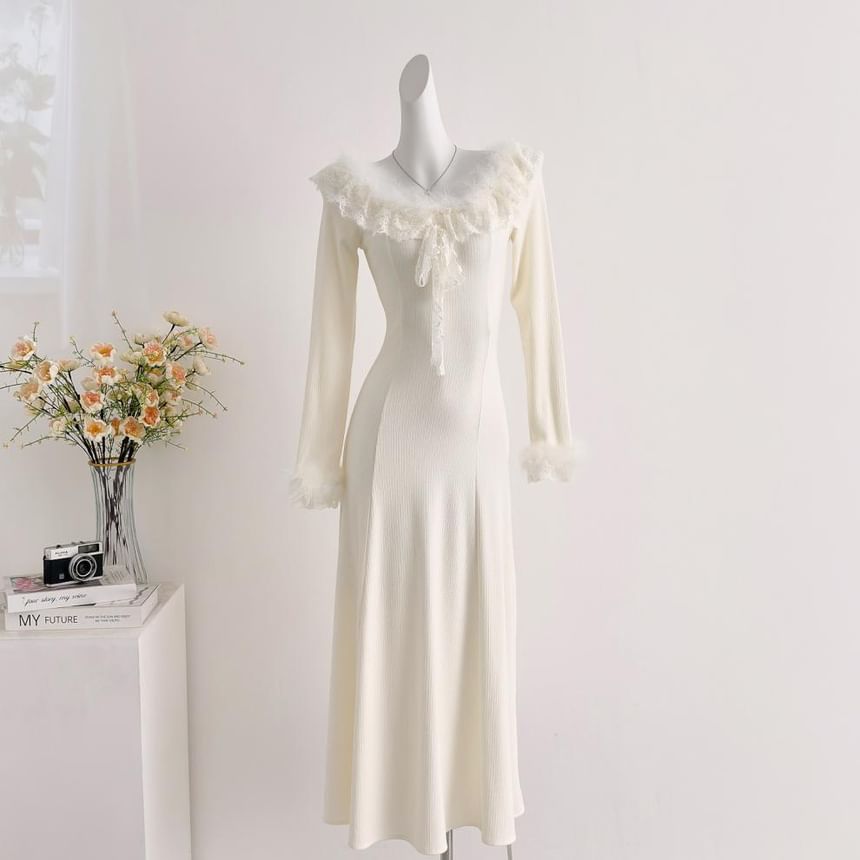 Long-Sleeve Off Shoulder Ruffle Plain Maxi A-Line Dress