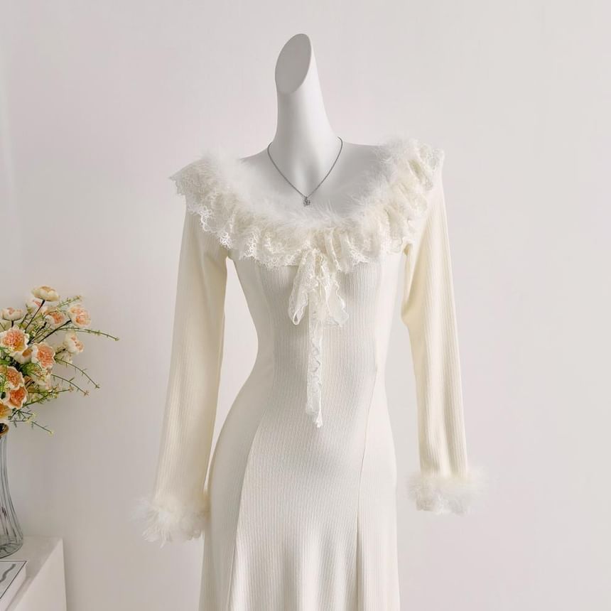 Long-Sleeve Off Shoulder Ruffle Plain Maxi A-Line Dress