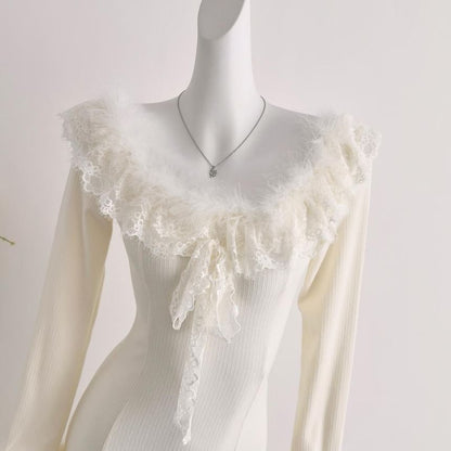 Long-Sleeve Off Shoulder Ruffle Plain Maxi A-Line Dress