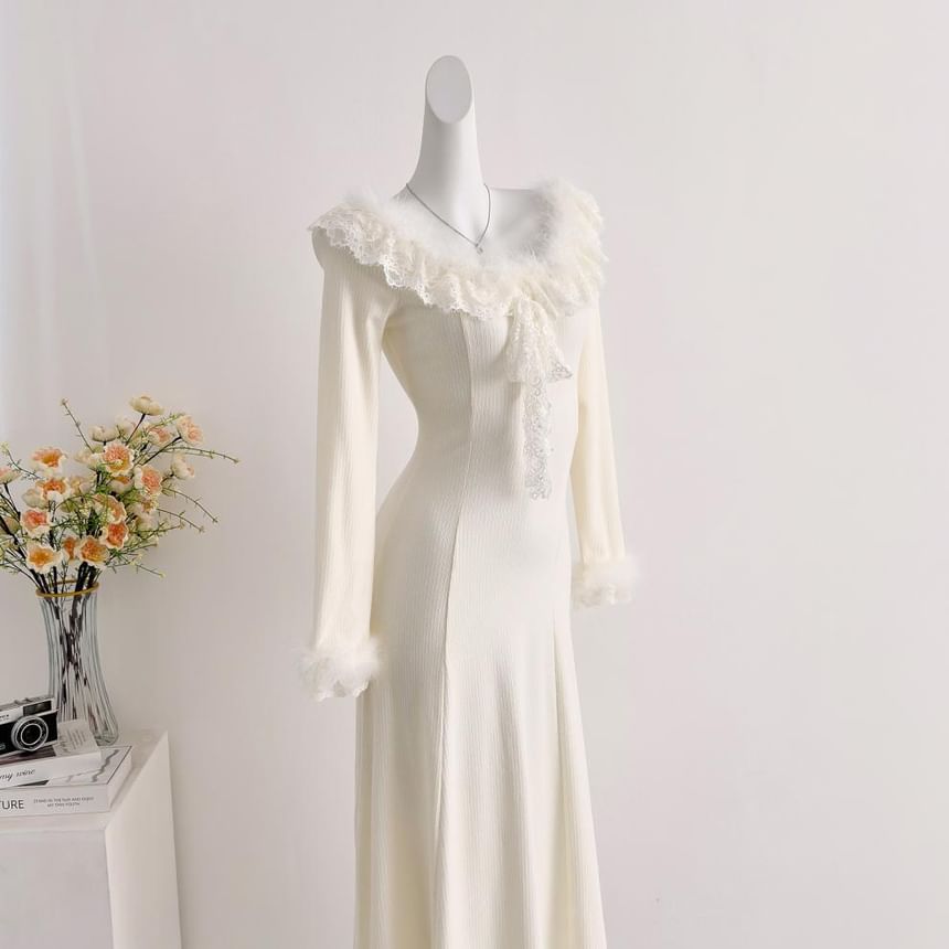 Long-Sleeve Off Shoulder Ruffle Plain Maxi A-Line Dress