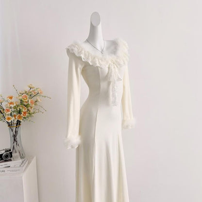 Long-Sleeve Off Shoulder Ruffle Plain Maxi A-Line Dress