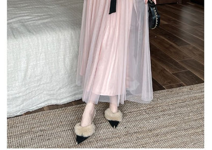 Long-Sleeve Queen Anne Neckline Mesh Maxi A-Line Dress