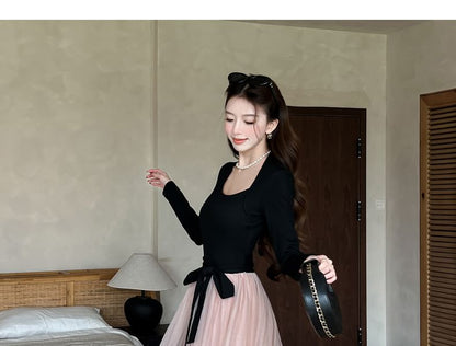 Long-Sleeve Queen Anne Neckline Mesh Maxi A-Line Dress