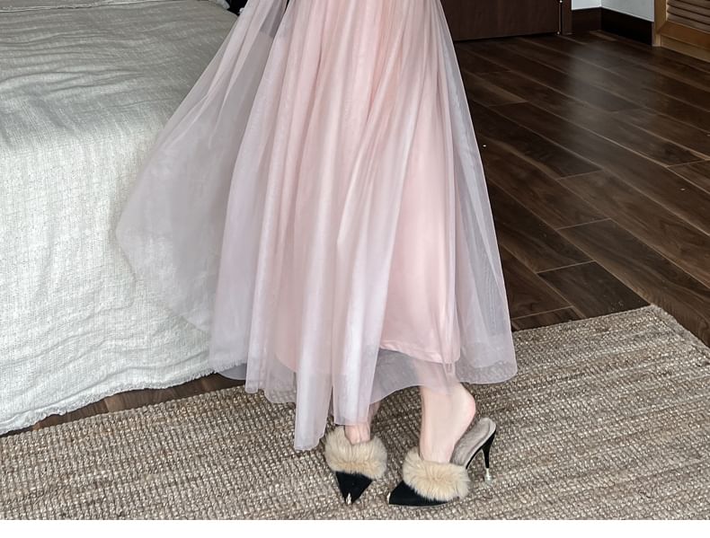Long-Sleeve Queen Anne Neckline Mesh Maxi A-Line Dress