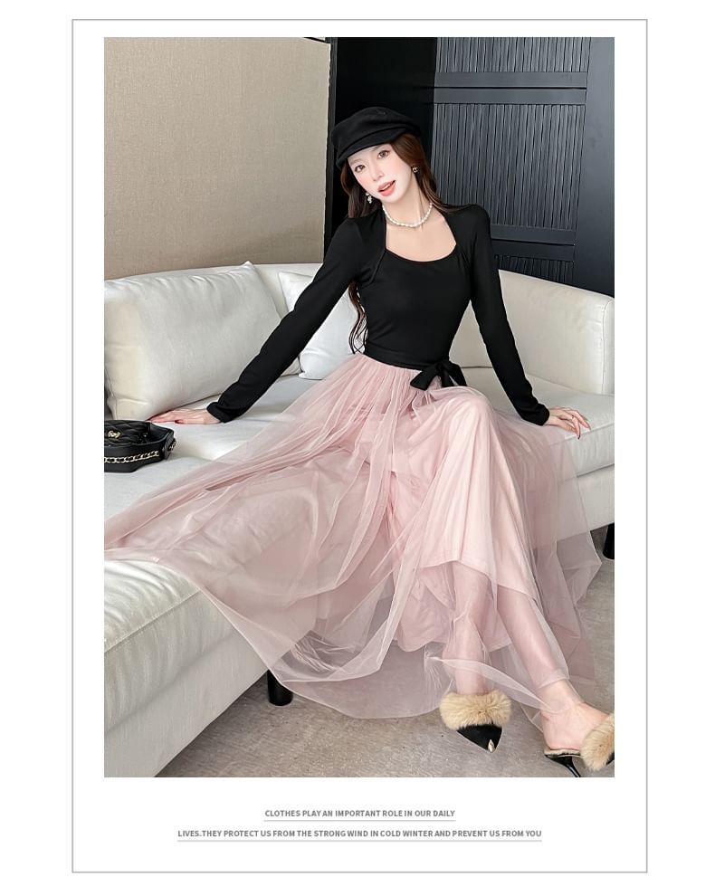 Long-Sleeve Queen Anne Neckline Mesh Maxi A-Line Dress