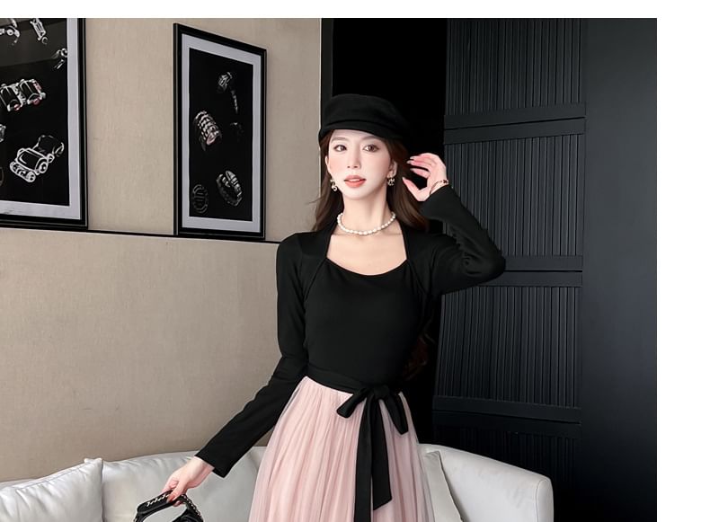 Long-Sleeve Queen Anne Neckline Mesh Maxi A-Line Dress