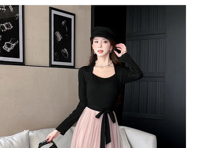 Long-Sleeve Queen Anne Neckline Mesh Maxi A-Line Dress