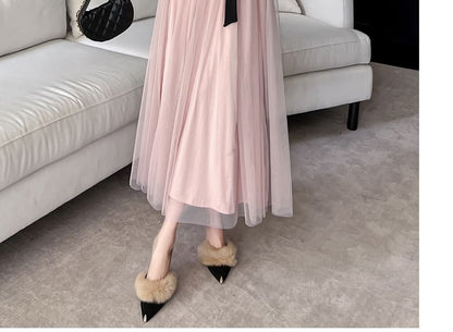 Long-Sleeve Queen Anne Neckline Mesh Maxi A-Line Dress