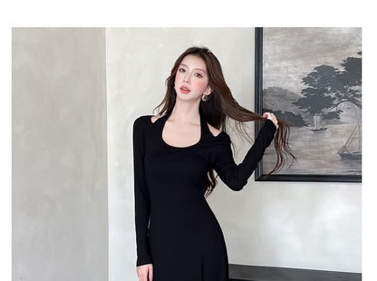 Long-Sleeve Cutout Plain Maxi A-Line Dress