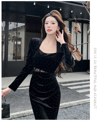 Long-Sleeve Queen Anne Neckline Velvet Maxi Sheath Dress