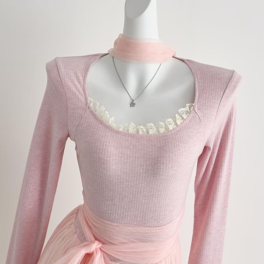 Long-Sleeve Square Neck Mesh Panel Maxi A-Line Dress