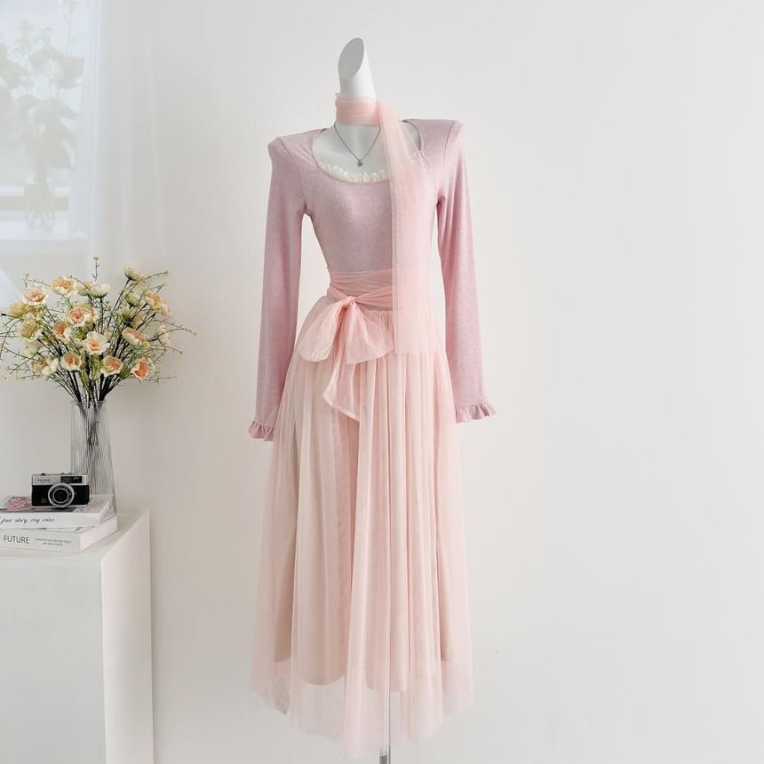 Long-Sleeve Square Neck Mesh Panel Maxi A-Line Dress