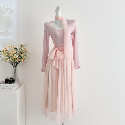 Long-Sleeve Square Neck Mesh Panel Maxi A-Line Dress