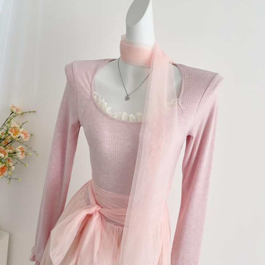 Long-Sleeve Square Neck Mesh Panel Maxi A-Line Dress